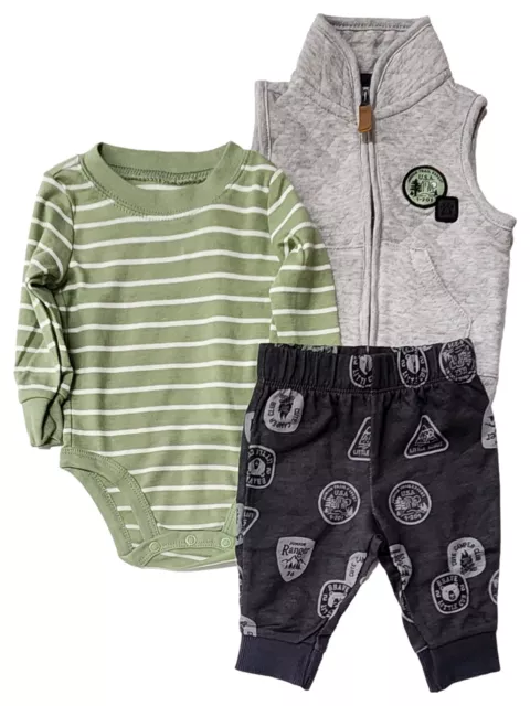 Carters Infant Boy 3pc Gray Vest Green Stripe Bodysuit & Pants Outfit 3M