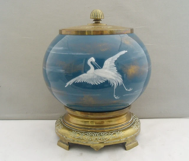 RARE ANTIQUE MINTONS PATE SUR PATE CRANES BRASS MOUNTED TOBACCO JAR c1870