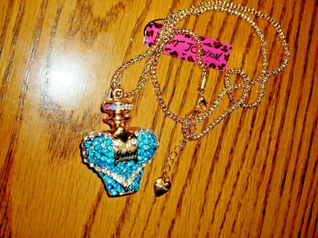 New BETSEY JOHNSON Crystal, Gold Tone Metal, Blue PERFUME BOTTLE NECKLACE