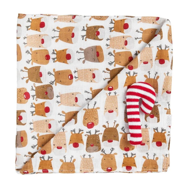 Mud Pie REINDEER Christmas Baby Muslin Swaddle Blanket Candy Cane Rattle Set