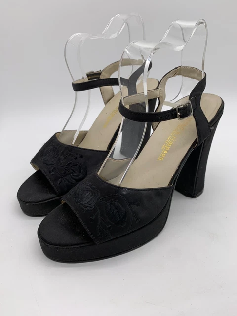 Scarpe vintage Y2K anni '90 tacco grosso spuntato 4 VGC sandali tessuto nero ricamati