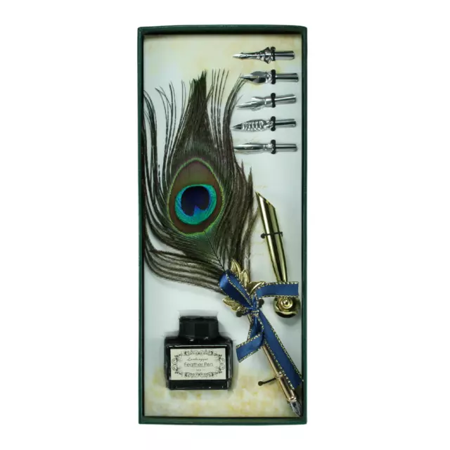 Calligraphy Pen Set 8pce Peacock Feather 6 Nibs, Ink & Pen Holder Gift Box