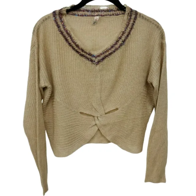 $120 RAGA Tiana Front Twist Holiday Sweater Top Beige Metallic Tinsel Trim Large