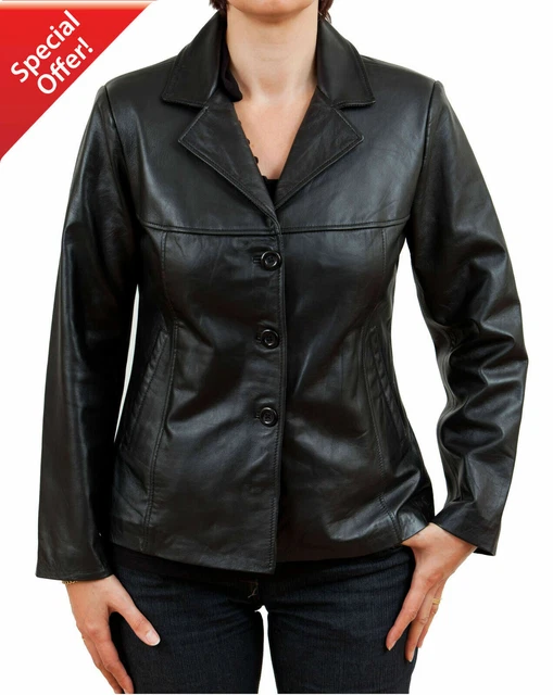 Neuf Femmes Peau D'Agneau Véritable Cuir Blazer Manteau Bouton Noir Doux Veste