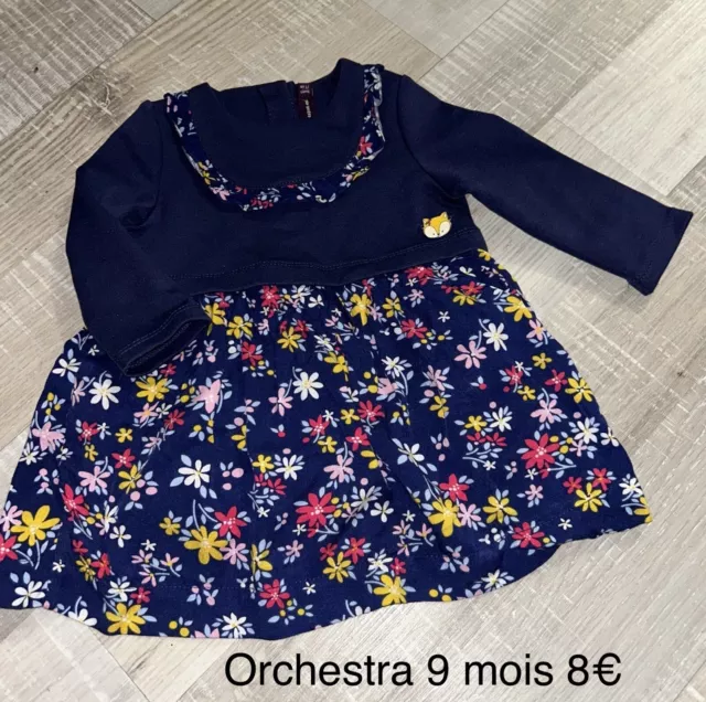 Sergent major 9 Mois Fille : Robe Hiver Bleu Marine Jupe Fleurie TBE