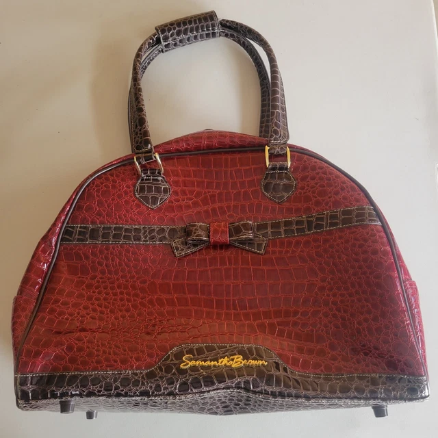 Rare SAMANTHA BROWN Croco-Embossed Travel Bag CarryOn Luggage Red Brown Bow Dome