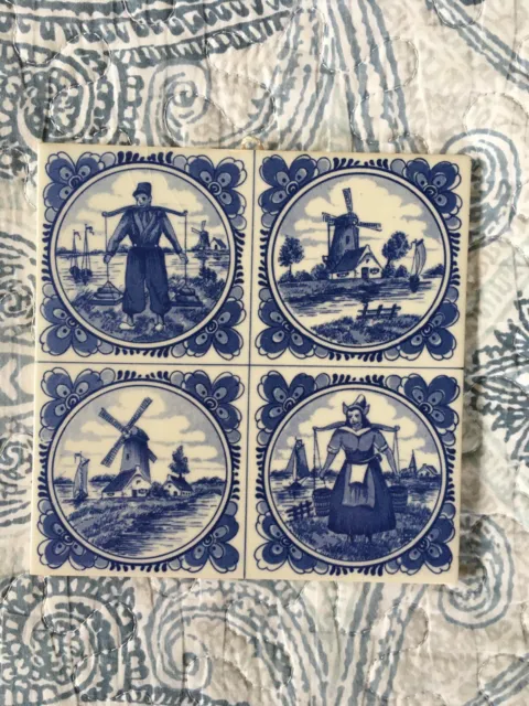 Vintage Delft Blue Handpainted Holland Ceramic 6” Tile Windmill Boat Farm Scene