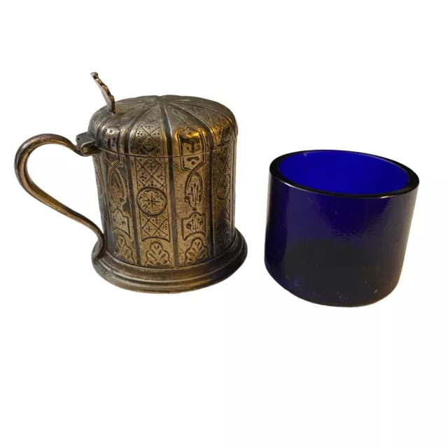 Vintage E & Co 6215 Victorian Art Deco Mustard Pot With Blue Cobalt Glass Insert
