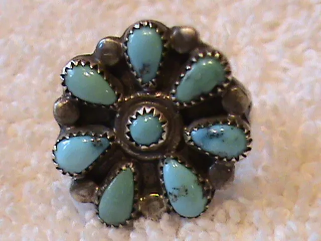 Navajo Sterling Silver Petit Point Cluster Turquoise Ring size 5-5 1/2
