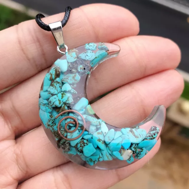 1pcs Turquoise Stone Orgonite Moon Necklace Energy Chakra Reiki Healing Amulet