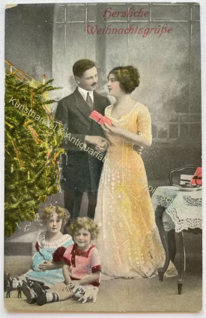 AK alte Postkarte Motiv Weihnachten Litho um 1924 Familie Christbaum