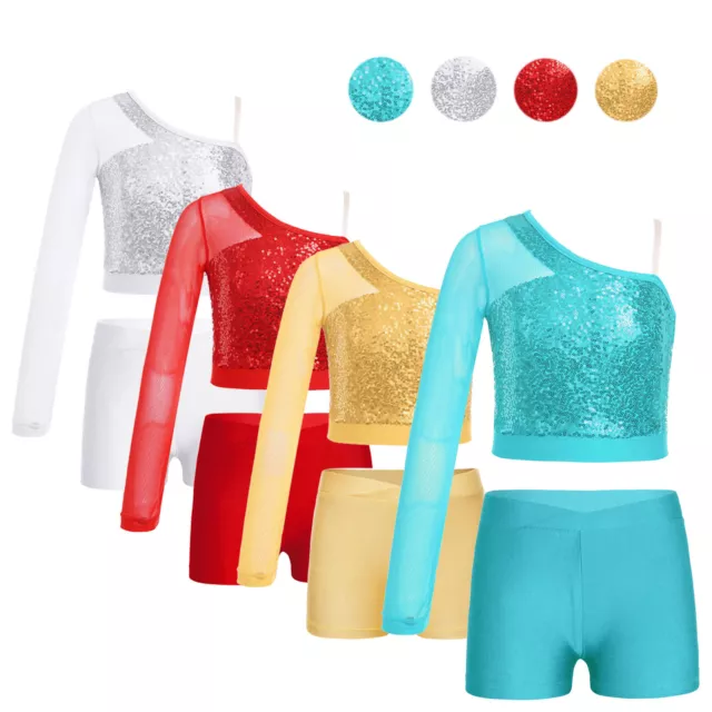 Kids Girls Activewear Clothes Dancewear Dancing Top And Shorts Sequins Unitard