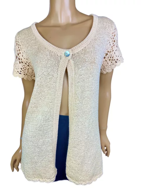 Joseph A Size L Cardigan Beige Crochet Top Short Sleeve Cotton/Nylon One Button