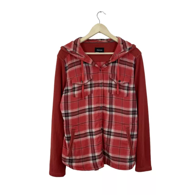 Marmot Large Button Top Thermal Flannel Red Hooded Shacket Shirt Womens READ