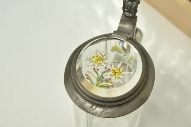 Antique Clear Glass 1L German stein Edelweiss Floral Inlaid Lid - Hand Made 2