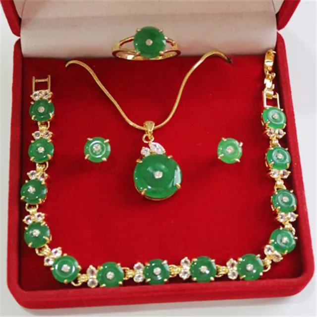 Green Jade Necklace Earrings Bracelet Ring 18K Gold Plated Jewelry Set Wedding