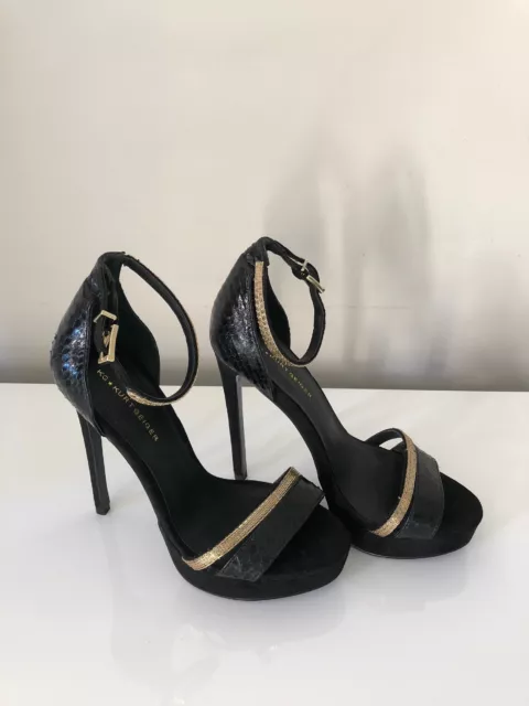 Sandale Stylet Sexy Kurt Geiger Noir Et Or Faux Lézard & Daim 3/36