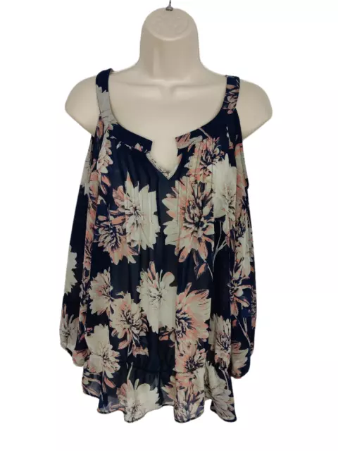 Womens Next Uk 14 Navy Floral Cold Shoulder Long Sleeve Casual Peplum Blouse Top