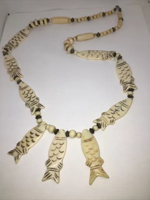 Vintage Hand Carved Tribal Bone Beaded 28” Fish Necklace