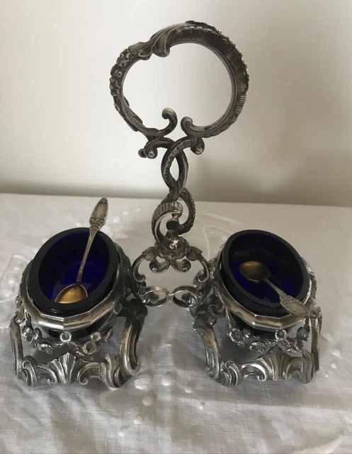 Antique Pair of Salt Cellars Sterling Silver Blue Crystal with Spoons 19th C