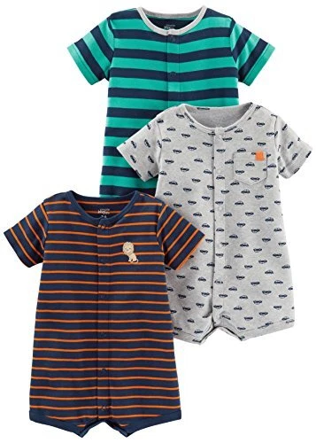 Baby Boys' Snap-Up Rompers, Pack of 3, Green/Grey/Ora