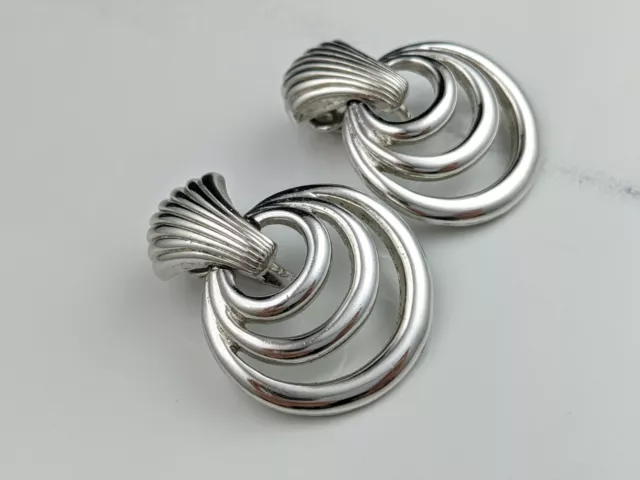 Lovely Vintage Silver-tone Dangles Hoop Clip Earrings by Trifari Jewellery.