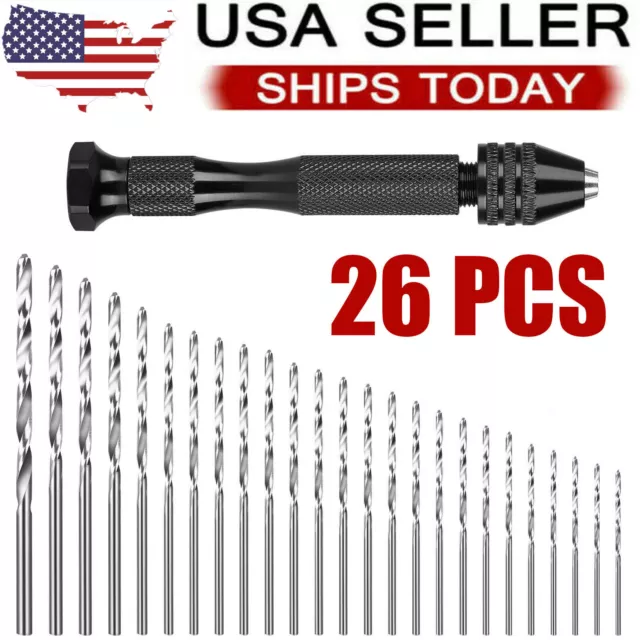 26 Pcs Mini Micro Drill Hand Bits Set Small Manual Keyless Chuck Pin Vise Rotary