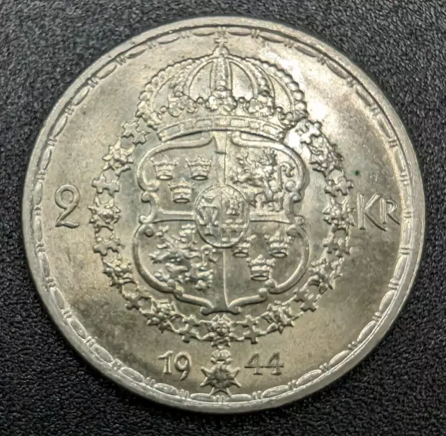 1944 Sweden 2 Kronor Silver Coin - Gustaf V - KM# 815 - VF - # 26247