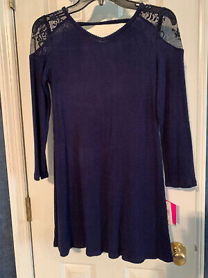 NWT - Amy Byer Girls Size L (14) Navy Blue Long Sleeve Knit Dress with Lace