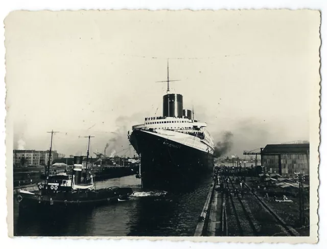 photo snapshot 1935 paquebot transatlantique Normandie - Bateau boat -