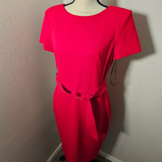 Calvin Klein Red Belted Sheath Dress Short Sleeve Pockets Women's Size 10