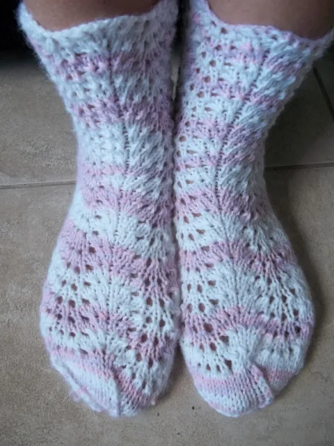 Hand knitted lace pattern socks, white with pink and lavender