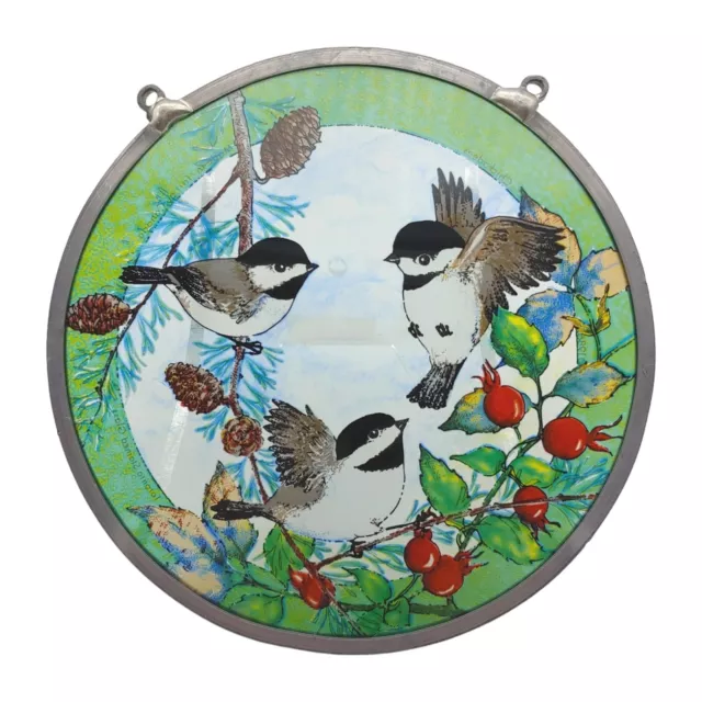 Toronto Stained Glass Bird Suncatcher, 6.5" Chickadee Holly Branch Winter Canada