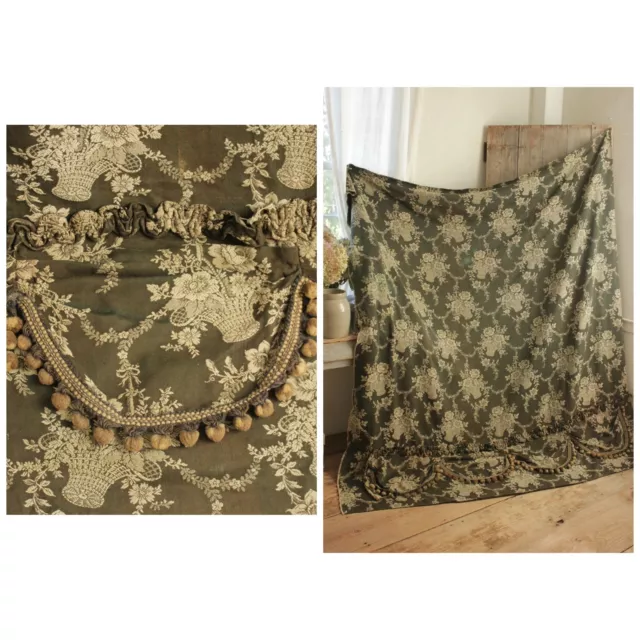 Antique Jacquard French heavy woven floral curtain with valance ruffle + trim