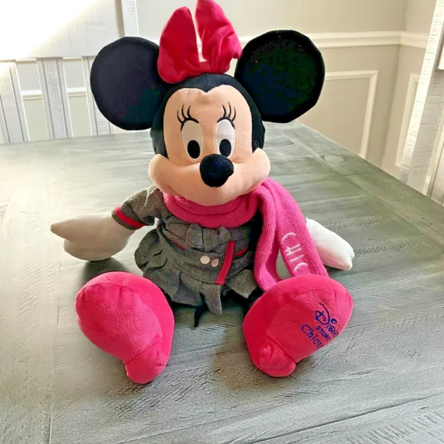 Disney Store Minnie Mouse Stuffed Plush Gray Winter Coat Pink Chicago Scarf Toy