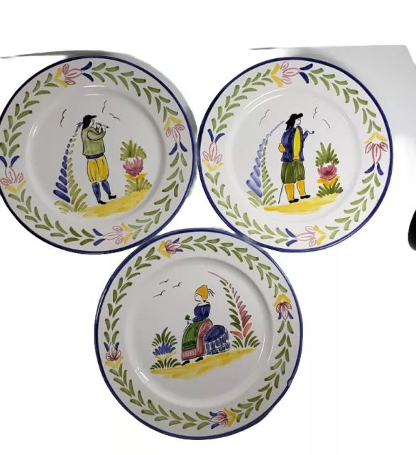 Quimper Style Handpainted in Portugal Set/3 10" Dinner Plates Wall Hanging Decor