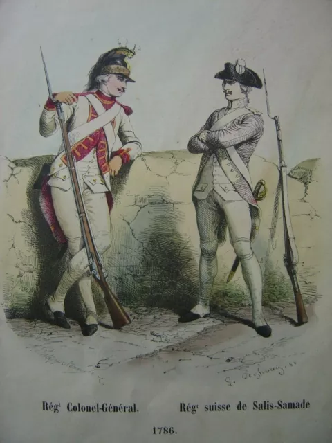 Gravure Régiment Colonel Général et Régiment Suisse de Salis-Samade 1786 Soldats