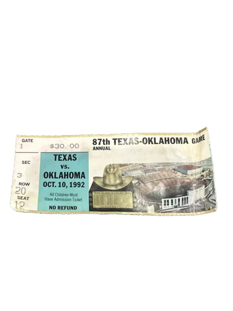 1992 Oklahoma Sooners Texas Longhorns Football Ticket Stub Cotton Bowl Dallas