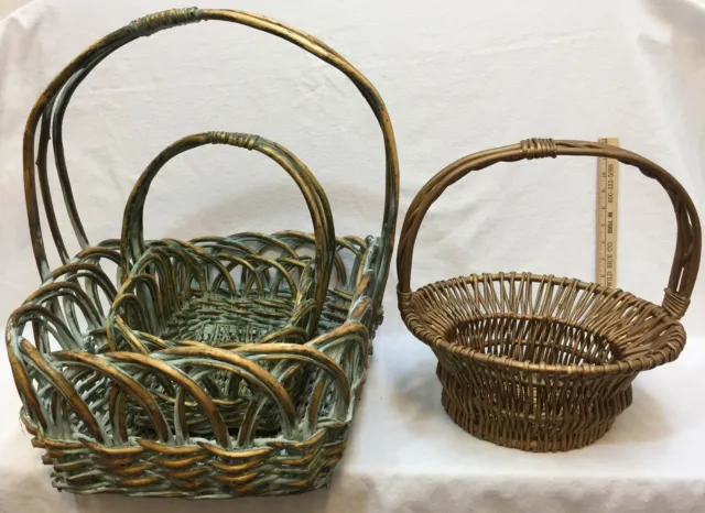 Baskets Woven Wood Wicker Large Fixed Handle Antiqued Green Patina Lot 3