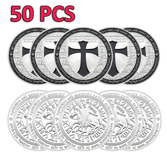 50PCS Challenge Coin Commemorative Crusaders Shield Knights Templar Black Cross