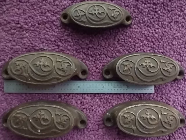 Classic Cast Iron Drawer Pulls, Set of 5, 1 small, 4 large, patina intact