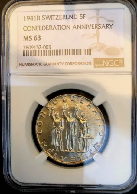 Switzerland, 1941-B, 5 Francs, NGC MS-63, Great looking silver coin !
