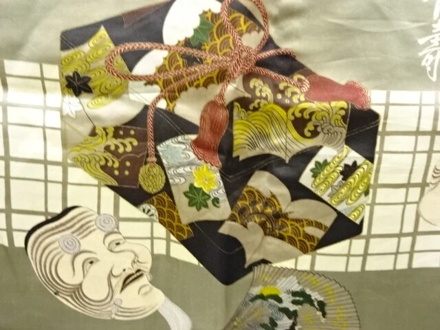 6300987: JAPANESE KIMONO / ANTIQUE MENS HAORI / TSUMUGI / BOX & NOH MASK (lining