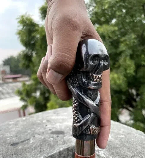 Handmade Skull Head Handle Walking Stick Cane Horror Skull Wooden Stick Antique