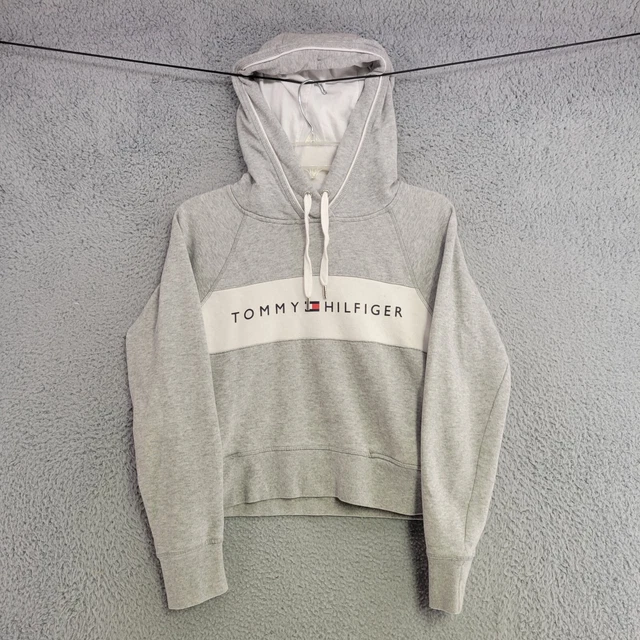 Tommy Hilfiger Crop Sweater Womens S Small Gray Hoodie Pullover Sweatshirt
