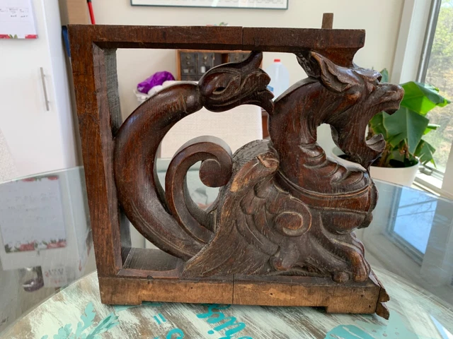 Antique Carved Oak Griffin, Architectural Salvage Corbel/Pediment 3