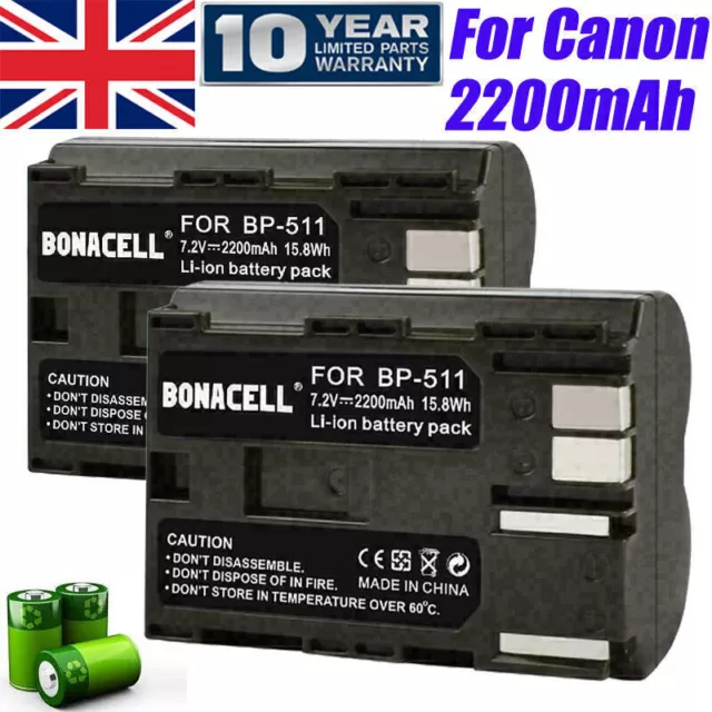 2X BP-511 BP-511A Battery for Canon EOS 10D 20D 30D 40D 5D 50D 300D MV30 Camera