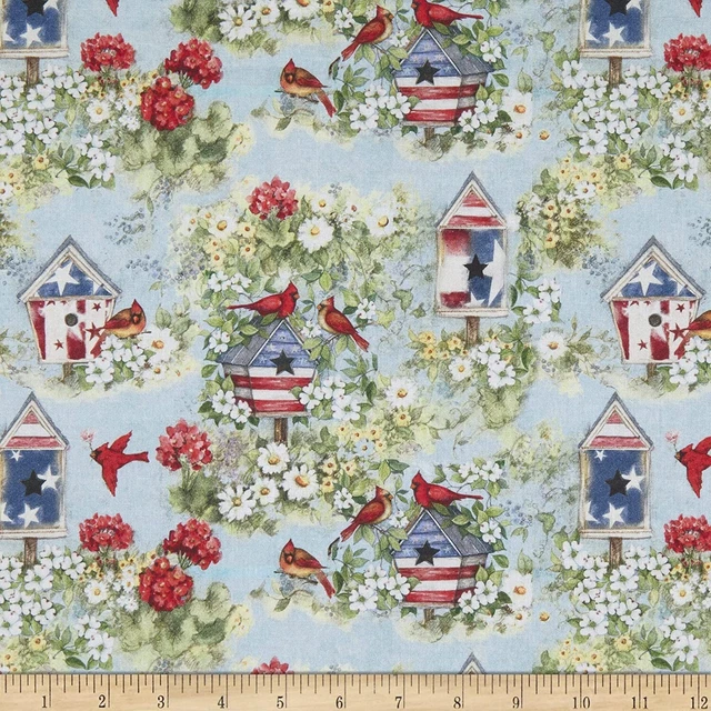 Susan Winget Patriotic Cardinal Birdhouses Blue 100% Cotton Fabric by The Yard