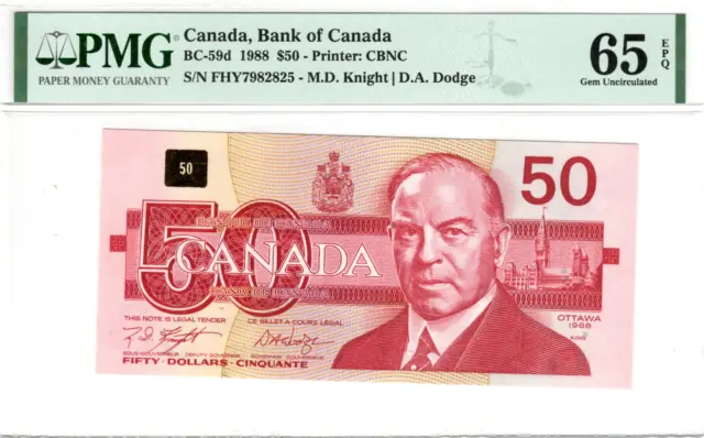 CANADA (Bank of Canada) $50 Dollars 1988 PMG Gem UNC-65 EPQ CH-BC-59d Pfx FHY