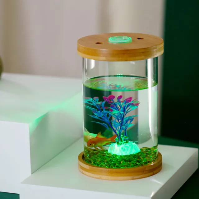Cylindrical Ecological Fish Tank Mini Aquarium For All Water Type w/ Wooden Base